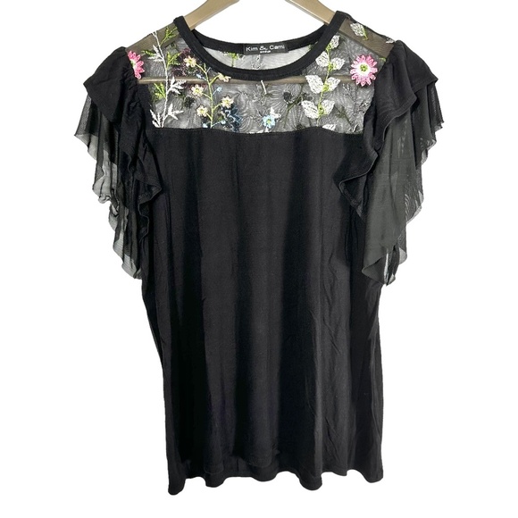 Kim & Cami Tops - Women's | Kim & Cami | Black Embroidered Floral Butterfly Sleeve Sheer Top